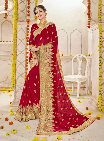 Red Faux  Georgette  Embroidered  Traditional  Saree 5908